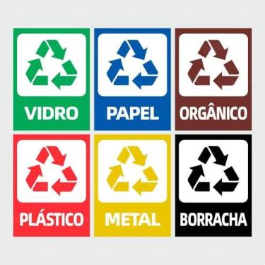 Imagem de Adesivo Sinalização de Reciclagem Coleta Seletiva Kit 6 Etiquetas para Lixeiras Vidro Papel Plástico Metal Orgânico Borracha