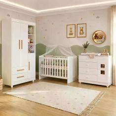 Quarto de Bebê com Berço com Suporte, Cômoda 1 Porta 4 Gavetas e Roupe