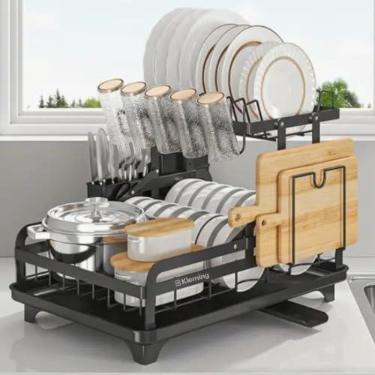 Imagem de KLEMING| Escorredores de Louça, Design Dobrável de aço Carbono, Multifuncional para Bancada de Cozinha com Bandeja Drenagem automática, Antiderrapante, Preto.