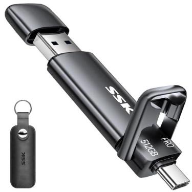 Imagem de Pendrive SSD SSK de 512 GB de duas pontas USB-C + USB-A 3.2 de até 1000 MB/s, rápido, 2ª geração, cartão de memória USB para iPhone 15/PS4/Celular Android/Tablet/Windows/Mac