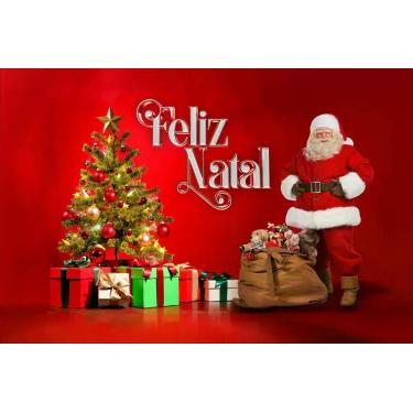 Imagem de Painel de Lona Feliz Natal Papai Noel Presentes na Arvore de Natal - F