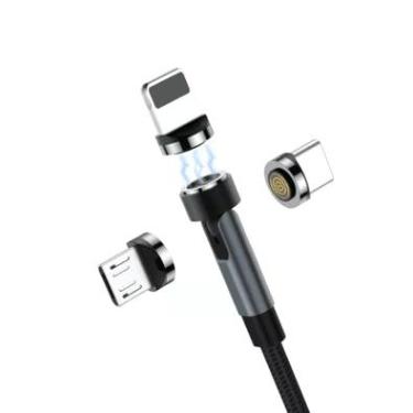 Imagem de Cabo de Carregamento Magnético 3 em 1 Hubonic, USB-C Lightning, Micro USB Giratório, Nylon Trançado, Iphone, Samsung, 2 Metros