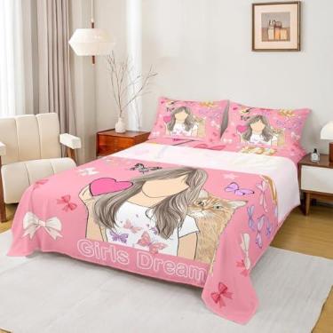 Imagem de Erosebridal Jogo de lençol solteiro com tema de música rosa, violão, bola de discoteca, para crianças, meninas, adolescentes, lençol com elástico, 1 fronha para decoração de quarto