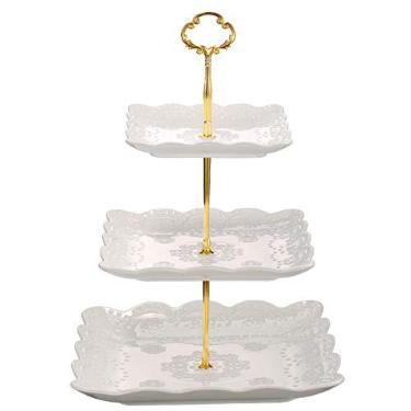 Imagem de Sumerflos Suporte de cupcake de porcelana de 3 camadas, suporte de bolo de servir em camadas, suporte de sobremesa quadrado branco em relevo, bandeja de pastelaria para festas de casamento