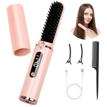 Imagem de HaetFire Escova Alisadora De Cabelo Sem Fio, Pente Quente Portátil, Alisadores Íons Negativos Para Mulheres, Barba Com 6 Temperaturas, Recarregável Via Usb, Anti-Queimaduras, Desligamento Automático