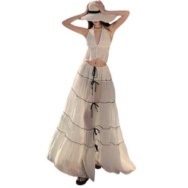 Imagem de GJHFCXSO Conjunto Feminino de 2 Peças de Saia Longa com Amarração Top Sem Costas e Saia Longa Transparente e Fluida Trajes de Férias,White,M