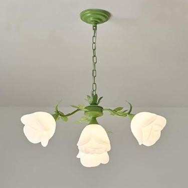 Imagem de Lustre de 9 luzes com flores, lustre floral verde com rosas para sala de jantar, lustre grande para meninas, quarto, luminária pendente de teto nórdica moderna, luminária suspensa para hall