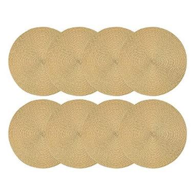 Imagem de Jogo Americano 8 Peças Dourado Redondo 38cm Mesa Posta Decoracao Cozinha Trama Poliester