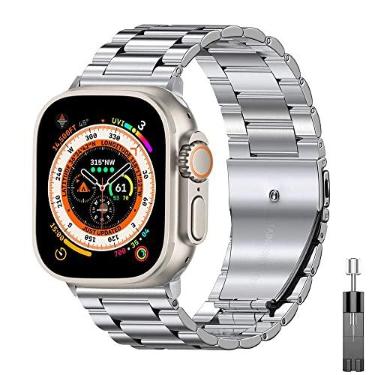 Imagem de BNEGUV Para Apple Watch Ultra 49 mm Pulseira de negócios de aço inoxidável para iWatch séries 8 7 41mm 45mm para Apple Watch SE 6 5 4 3 40mm 44mm 42mm 38mm (Cor: Prata, Tamanho: 44mm)
