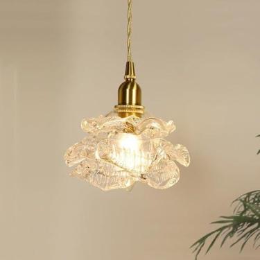 Imagem de Luminárias Pendentes De Vidro Em Forma De Flor, Lâmpada De Teto Antiga Com Pétala De Rosa, Pequeno Lustre Moderno Nórdico Para Jantar, Mesa De Sala De Cozinha Ilha Pia B, Clear Glass