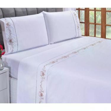 Imagem de Jogo Lençol Fluence Quarto Casal Padrão Bordado 4 Peças 2fronha Cor: Branco Com Caqui
