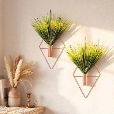 Imagem de Canlierr 2 peças de decoração de parede com plantas artificiais, vaso suspenso de metal, suporte de plantas internas, arte moderna de parede boho para banheiro, quarto, sala de estar (ouro rosa