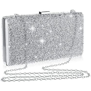 Imagem de Bolsa clutch para noite feminina com strass e glitter, dupla face com corrente, bolsa transversal de ombro para festa de casamento, Prata, Modern Style