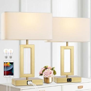 Imagem de gernehop Conjunto de 2 lâmpadas de mesa douradas com duas portas USB, lâmpadas de cabeceira com controle de toque reguláveis em 3 vias, candeeiro de mesa moderno para quarto para sala de estar,