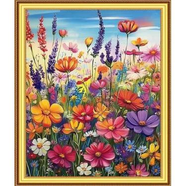 Imagem de Foxnyart Kits de ponto cruz estampado, gama completa de kits de bordado para iniciantes e adultos, padrões de bordado de 11 quilates, artesanato, faça você mesmo, kit de bordado - cenário de flor 40,6