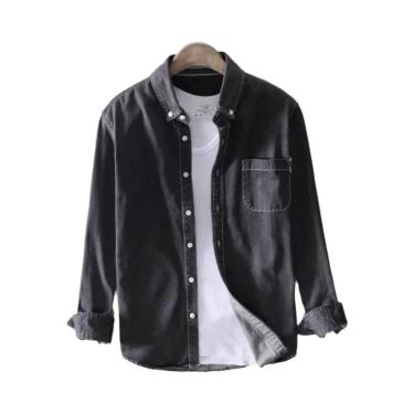 Imagem de Camisa Jeans Masculina De Manga Longa Azul Claro, Preta E Cinza 100% A