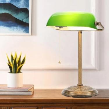 Imagem de NISSAFORS Luminária de mesa Bankers, abajur de vidro verde, lâmpada de mesa vintage com interruptor de corrente, lâmpadas de mesa retrô para escritório em casa, lâmpada LED incluída (ouro retrô +