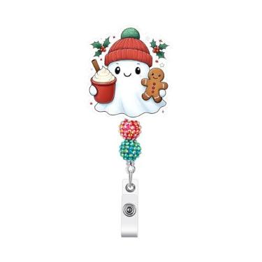 Imagem de Carretel retrátil de crachá de Natal, porta-crachá de fantasma, engraçado, com miçanga, homem de gengibre, folhas de azevinho, etiqueta com clipe jacaré, clipe decorativo de acrílico para enfermeiras