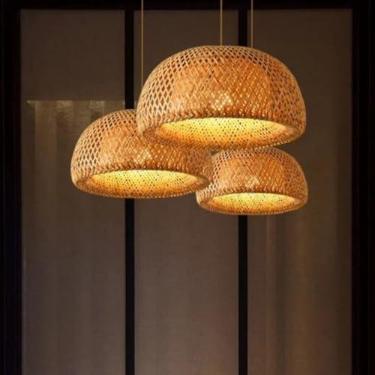 Imagem de Kit 3 Luminárias de Teto Lustre Pendente Bambu Malibu Rústico 43cm Fibra Natural Vime Trançado Fee Utilidades