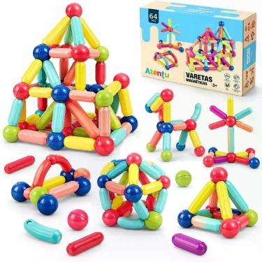 Imagem de Brinquedo de Encaixar Bloco Magnético Infantil Blocos de Montar 64 Peç