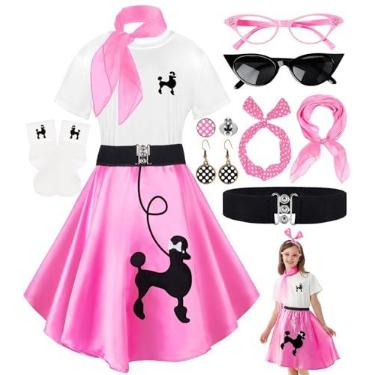 Imagem de 10 peças de roupas de meias para meninas, roupas dos anos 50 para crianças, saias poodle, camiseta com acessórios dos anos 1950, meias, cachecol, faixa de cabeça, cinto, brinco, festa de Halloween