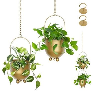 Imagem de Vaso de pendurar Boho, conjunto de 2 ganchos de metal para plantas com ganchos e correntes, vasos de parede e teto modernos para uso externo/interno para janela, vaso de flores de meados do século para decoração de casa (ouro)