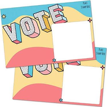 Imagem de 100 cartões postais votantes em volume 10 x 15 cm – Design divertido colorido com parte traseira em branco do cartão para escrever uma mensagem mais longa aos eleitores – Cartolina sem revestimento para não manchar