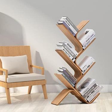 Imagem de Estante moderna de árvore de bambu, estantes de livros curvadas criativas, prateleiras organizadoras de livros, prateleira de livros para exibição de chão, prateleira de economia de espaço para casa
