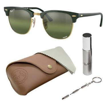Imagem de Ray-Ban RB3016 CLUBMASTER CHROMANCE Óculos de sol polarizados em formato quadrado com kit oficial de óculos, Armação verde polida em ouro | Lente polarizada prata/verde, 51 mm