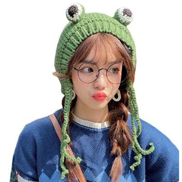 Imagem de Gorro feminino de crochê tricotado para o inverno, gorro fofo com aba de orelha e olhos grandes