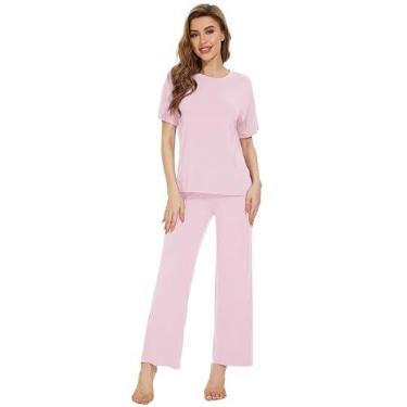 Imagem de WiWi Conjunto de pijama feminino de viscose de bambu, blusa e calça de manga curta, conjunto de pijama macio P-2GG, rosa, M
