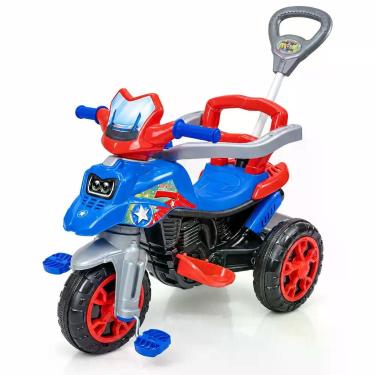 Imagem de Triciclo Infantil Motoca Azul Plástico com Pedal Haste Guia e Cinto de
