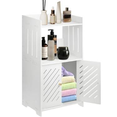Imagem de Armário de armazenamento de banheiro, armário de piso de banheiro de 3 camadas, organizador independente pequeno de piso branco com porta e prateleira, para banheiro, sala de estar, entrada, cozinha