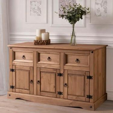 Imagem de Balcão Buffet de Madeira Maciça com 3 portas e 3 Gavetas Marrom Antique - 75,9 Alt X 125 Larg X 40 Prof - Móveis para Casa, Acabamento em Cera, Madeira Pinus Elliottis - PENSE DENTRO DA CAIXA