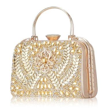 Imagem de Aiqudou Bolsa clutch feminina de strass de lantejoulas - bolsa de casamento de noiva para noite com alça de corrente, Folhas douradas