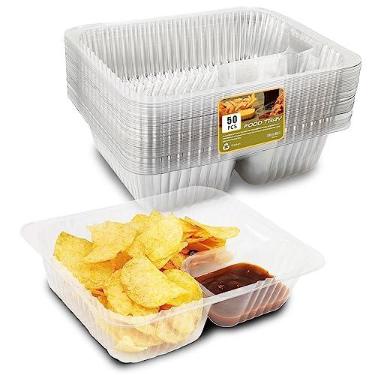 Imagem de AHKUNMT Bandejas de Nacho de 50 Unidades Descartáveis, Recipientes de Nacho de Plástico de 12 Onças com Suporte para Chips e Imersão, 6X5 Em 2 Compartimentos Bandejas de Lanche Transparentes para Cria