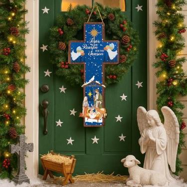 Imagem de Meooeck 27,5 Sinal de porta de Páscoa, decoração religiosa de madeira, guirlandas de Páscoa para porta da frente, flores cristãs, cabide para pendurar na casa de fazenda, varanda