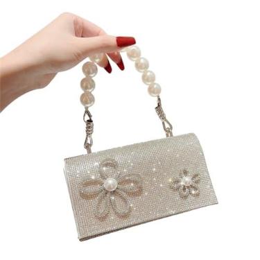 Imagem de Bolsa de mão com alça de pérola de strass para festa de casamento feminina feminina bolsa de noite com corrente para banquete bolsa de coquetel feminina, Prata