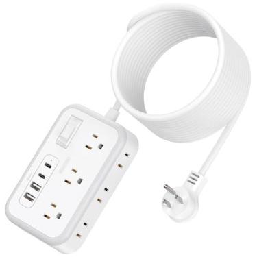 Imagem de Cabo de extensão de 4,5 m, filtro de linha de alimentação de plugue plano com 6 tomadas amplas, 4 portas USB, extensor de tomada, cabo longo, suporte, proteção contra sobrecarga, várias tomadas para