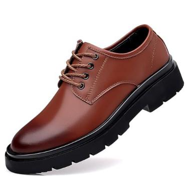 Imagem de Sapato social masculino vintage de couro com cadarço plataforma Oxfords preto bico redondo sola de borracha macia antiderrapante à prova d'água negócios formal Derby sapatos sociais, Marrom, 42