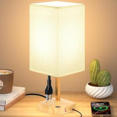 Imagem de cozoo Candeeiro de mesa de cabeceira USB com 2 portas de carregamento USB e 2 tomadas CA, luminária de mesa de cabeceira regulável com base de carregador, sombra de tecido branco, lâmpada de LED para