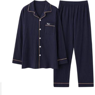 Imagem de Pijama masculino define algodão de manga comprida, manga longa de tecido de tecido de botão com roupão de banho e calça superior de 3, azul escuro02,3xl