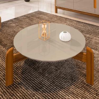 Imagem de Mesa De Centro Sala Lizz Redonda Com Pés Em Madeira Maciça Mesinha de Sala (Off White/Cedro)