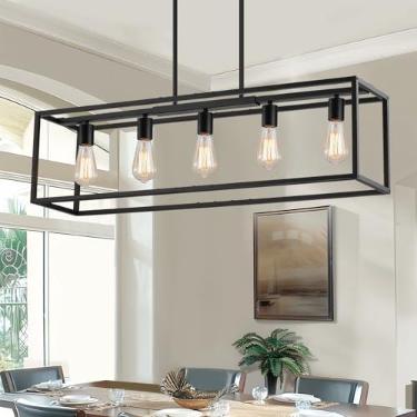 Imagem de Yusist Luminária de sala de jantar de 5 luzes, iluminação preta de ilha de cozinha de fazenda, luz pendente rústica sobre mesa com hastes ajustáveis, lustres lineares modernos para sala de jantar