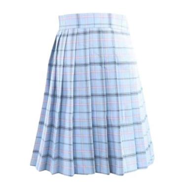 Imagem de AteecO Saias de cintura de verão uniforme escolar saia rosa branca curta, Grade azul celeste, 4X-Large