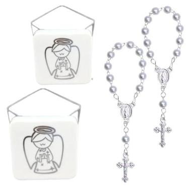 Imagem de Kit para Mimos e Lembrancinhas de Batizado 12 Caixa Anjo Prata 12 Tercinhos Dezenas em Pérola 5mm Bastismo