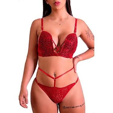 Imagem de LINGERIE FASCINO - Conjunto de Sutiã Decotado Com Detalhe em Strappy E Calcinha Com Renda Vermelho Tamanho M