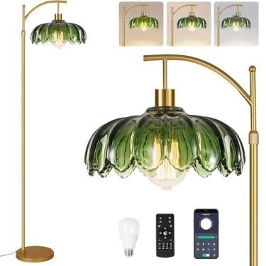 Imagem de WLQCWL Candeeiro de chão de arco para sala de estar dourado com controle remoto, luminária de chão regulável com abajur de vidro, lâmpada de pé moderna vintage de meados do século, lâmpadas de flores
