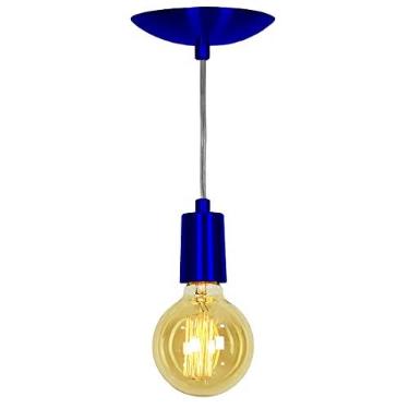 Imagem de Lustre Pendente Tubo Cilindro Alumínio Azul Metal Fio 1.20m