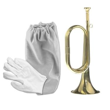 Imagem de CashBeat Chifre de corneta banhado a ouro, instrumento trompete de cavalaria de latão com bolsa e luvas, ideal para apresentações de orquestra militar e atmosfera de festival, 1 peça